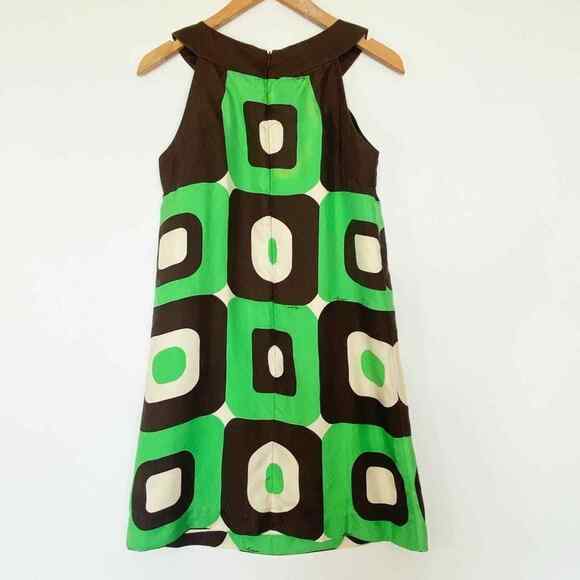 Milly New York Silk Green Brown Geometric Silk Print Shift Mini Dress - Picture 6 of 14